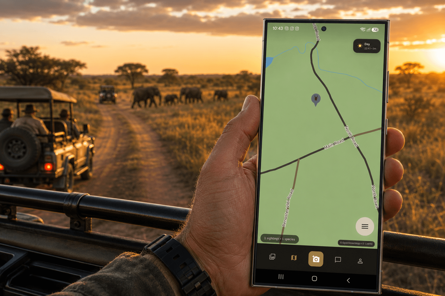A hand holding a phone running the opspoor app's Opportunity briefing screen, with elephants at sunset in the background