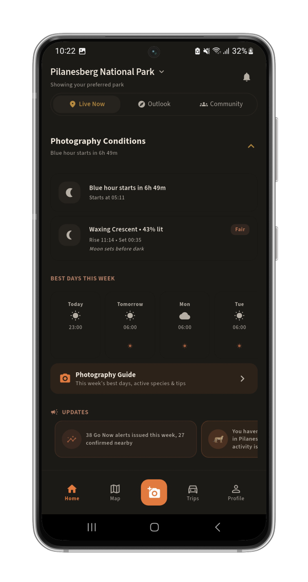 opspoor Photography Conditions: blue hour countdown, moon phase and the best shooting days this week