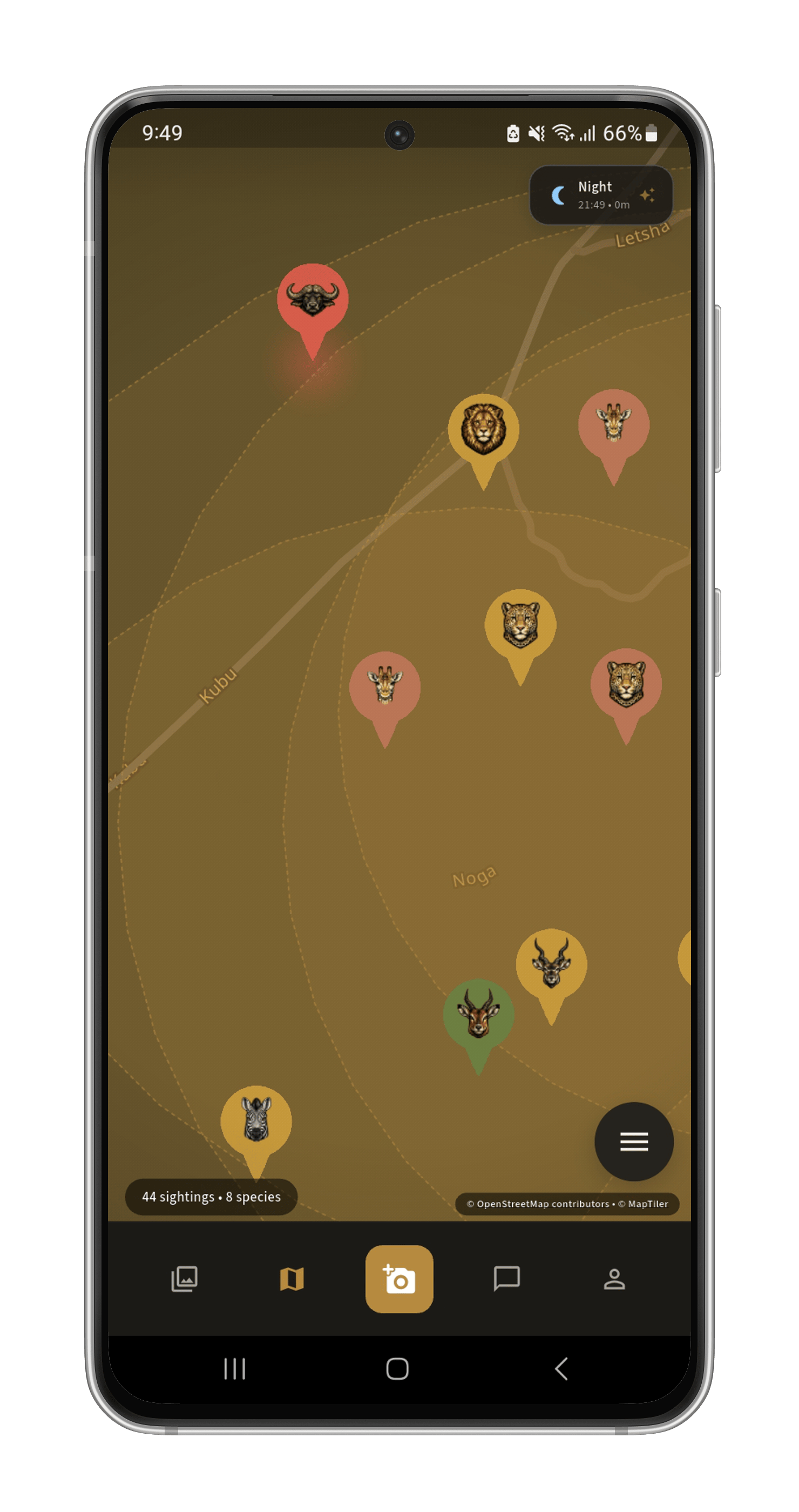 The opspoor app's predictive movement heatmap, showing wildlife activity hotspots and species clusters across a park